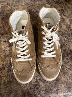 Golden Goose Tan Suede Mid-Star Sneakers with White Star and Turquoise Studs